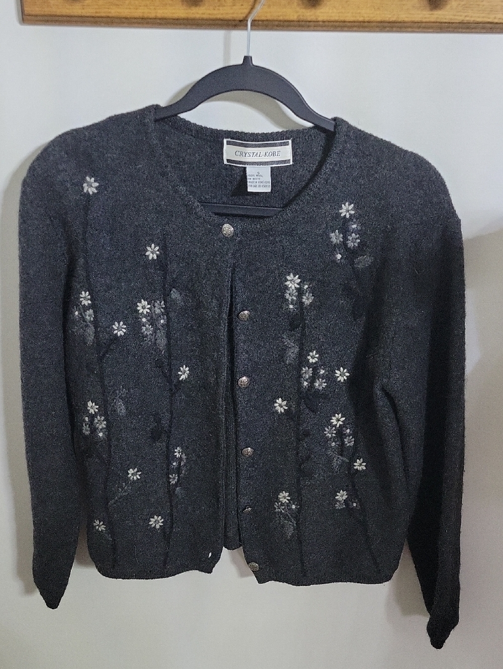 Crystal Kobe 100% Wool Floral Cardigan Sweater, Size S